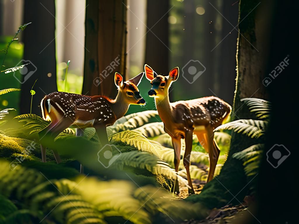 Beautiful fawns in the forest at sunset. Nature background