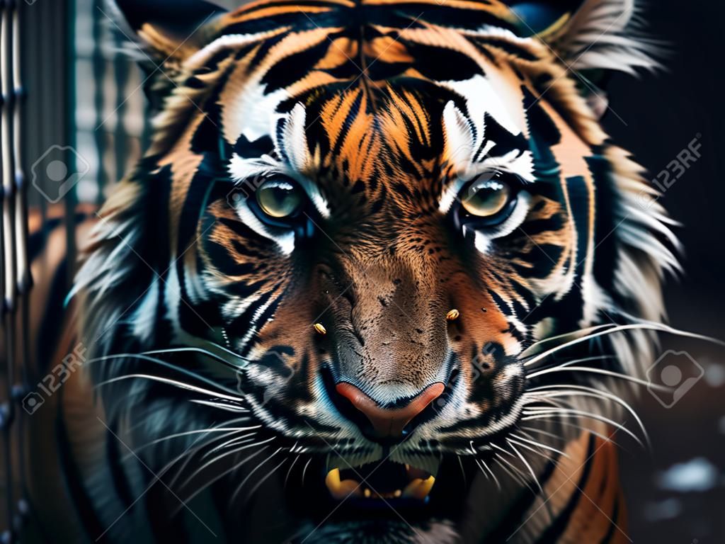 Portrait d'un tigre dans la cage en gros plan