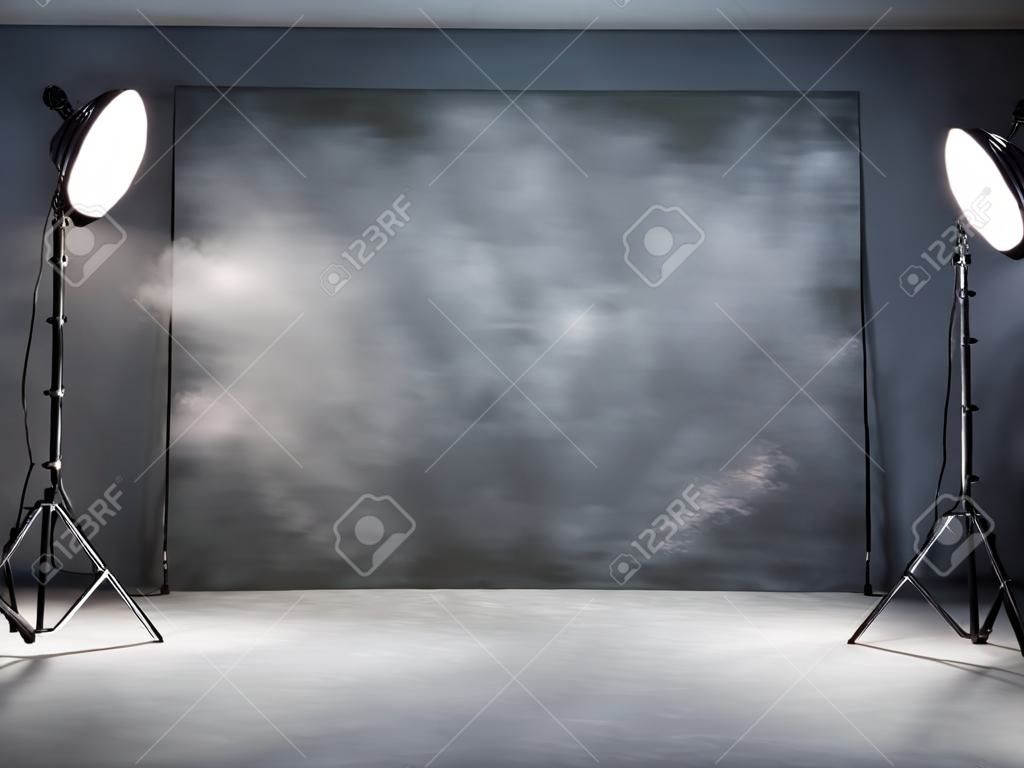 Photo studio interior with lighting equipment and smoke. Mock up, 3D Rendering