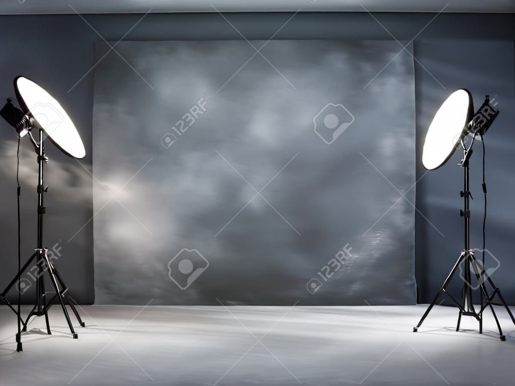 Photo studio interior with lighting equipment and smoke. Mock up, 3D Rendering