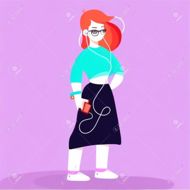 Flat cartoon young woman with smartphone, cute modern girl with pink hair in casual fashionable outfit listens to music on headphones. Color vector illustration