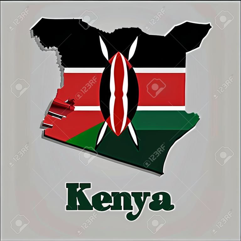 3D Map outline and flag of Kenya, A horizontal of black, white red, and green with two crossed white spears behind a red, and black Maasai shield. with text Kenya.