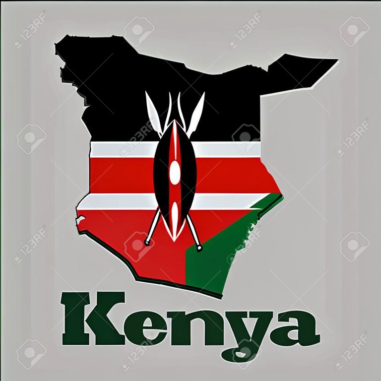3D Map outline and flag of Kenya, A horizontal of black, white red, and green with two crossed white spears behind a red, and black Maasai shield. with text Kenya.