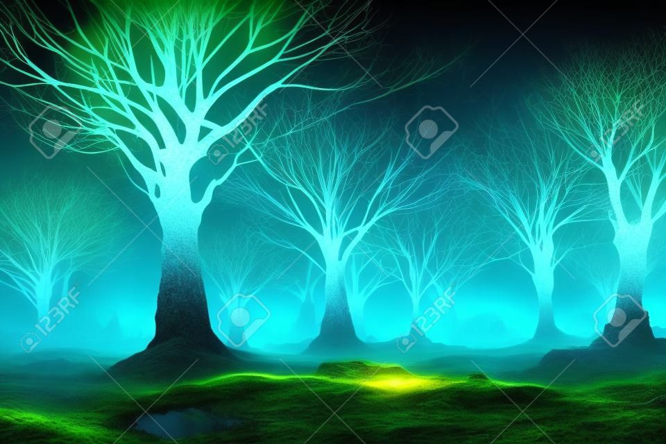 Ilustracyjna fantazja neonowego lasu. świecące kolorowe wyglądają jak bajka.