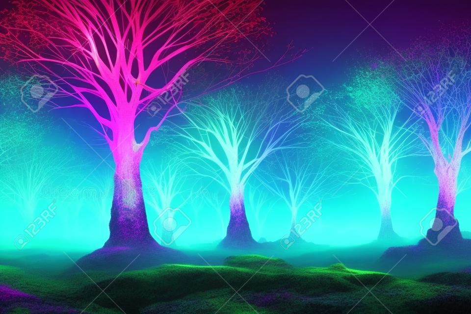 Ilustracyjna fantazja neonowego lasu. świecące kolorowe wyglądają jak bajka.