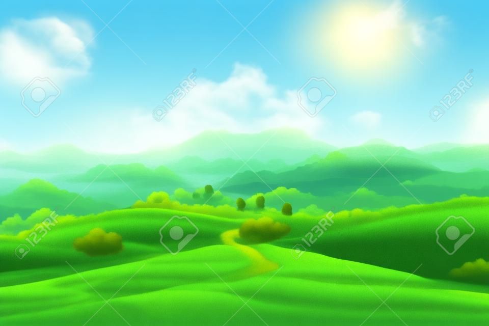 Background of green grass field on hills and blue sky. 2D Illustration.