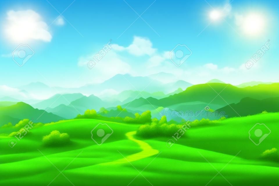 Background of green grass field on hills and blue sky. 2D Illustration.