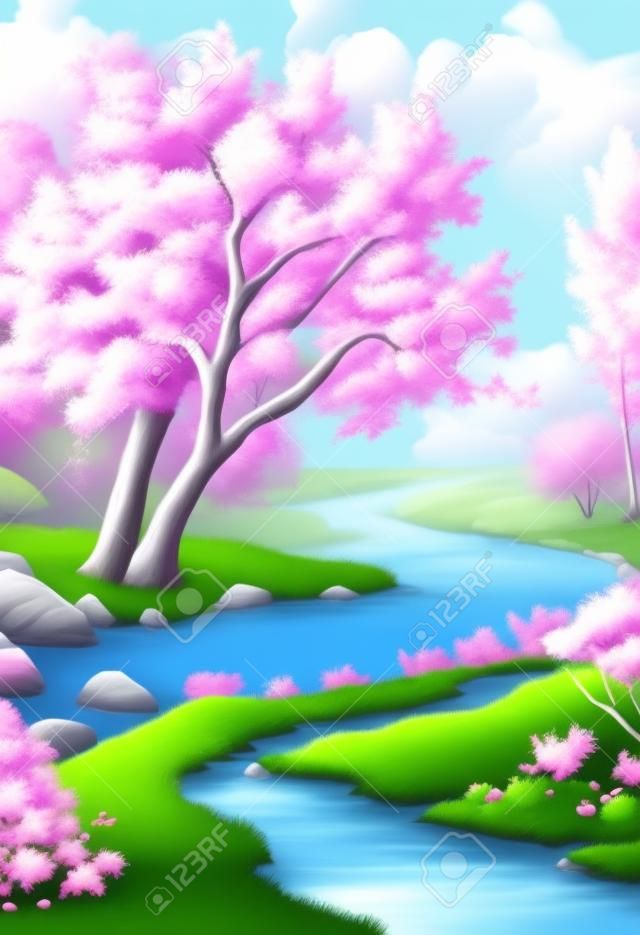 Ilustracyjny krajobraz wiejskiej rzeki i kwitnącego drzewa (utworzony za pomocą technologii generatywnej ai).
