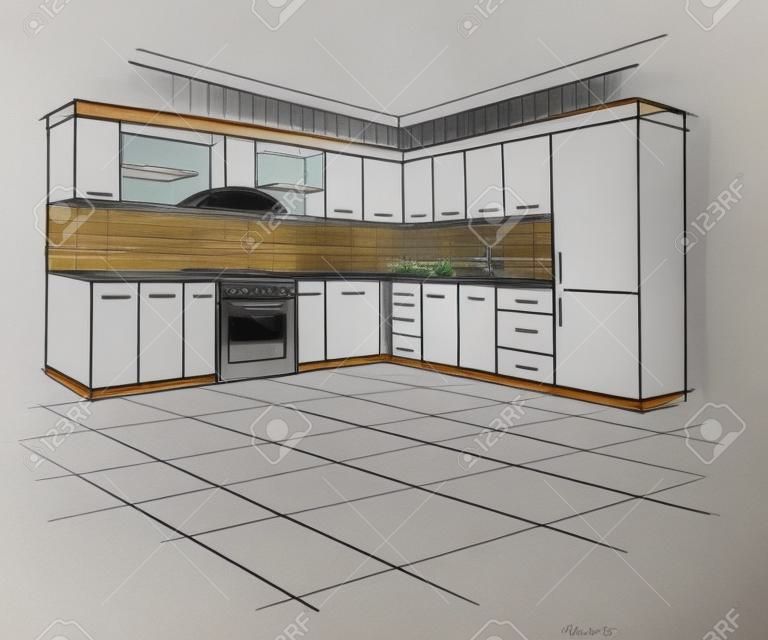 Moderne interieur schets van hoek keuken. Design huis. Architectuur.