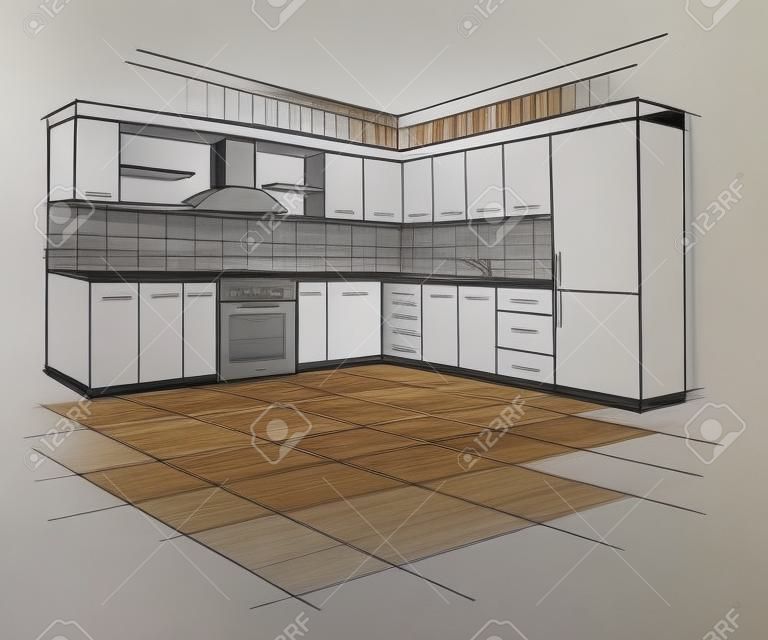 Moderne interieur schets van hoek keuken. Design huis. Architectuur.