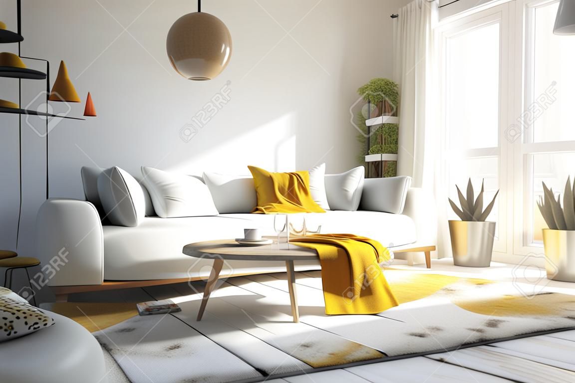 Ein Wohnzimmer mit einer weißen Couch und gelben Kissen