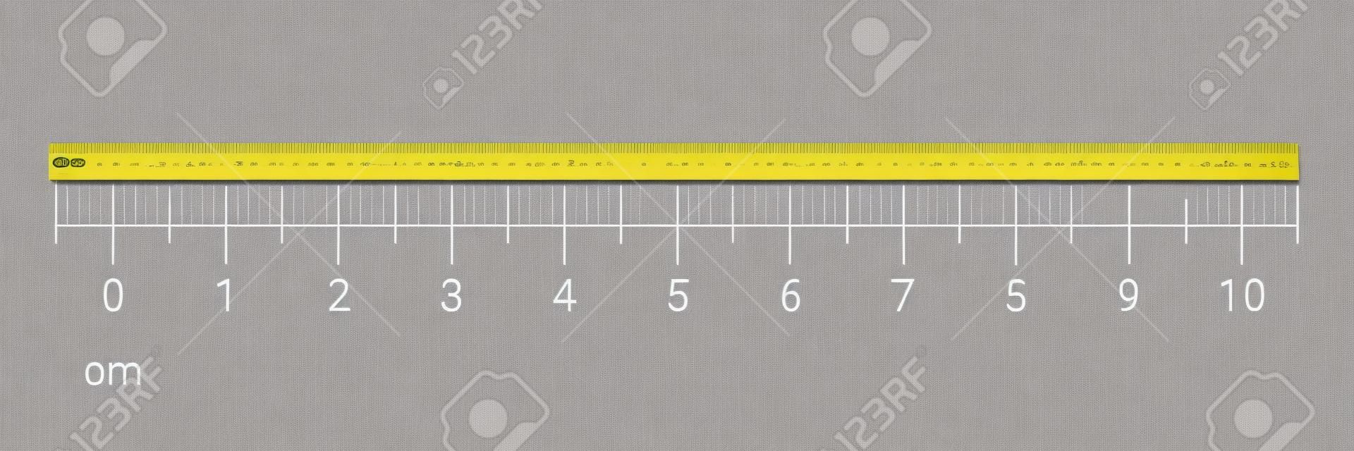 숫자 눈금이 있는 10센티미터 눈금자 측정 도구입니다. 밀리미터 그리드 시스템이 있는 벡터 cm 차트