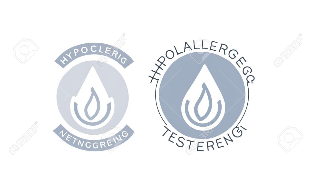 Hypoallergenes getestetes Logo-Symbol. Vektor-Drop-Symbol des hypoallergenen Verpackungsetiketts oder des Dermatologie-Testetiketts für empfindliche Haut von kosmetischen Kinderlotionen oder Hautpflege- und Körperpflegeprodukten