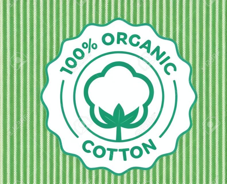 Cotton 100 organic bio and eco certificate icon, vector package stamp. Cotton flower logo for certified natural eco textile fabric and bio soft cosmetics