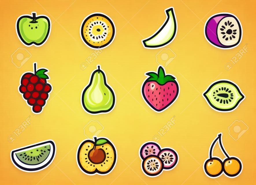 Un insieme di carino e colorato le icone della frutta del fumetto