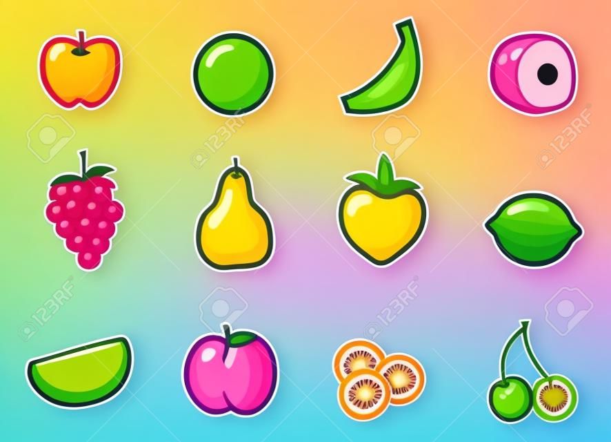 Eine Reihe von süßen und bunten Cartoon-Obst-Symbole