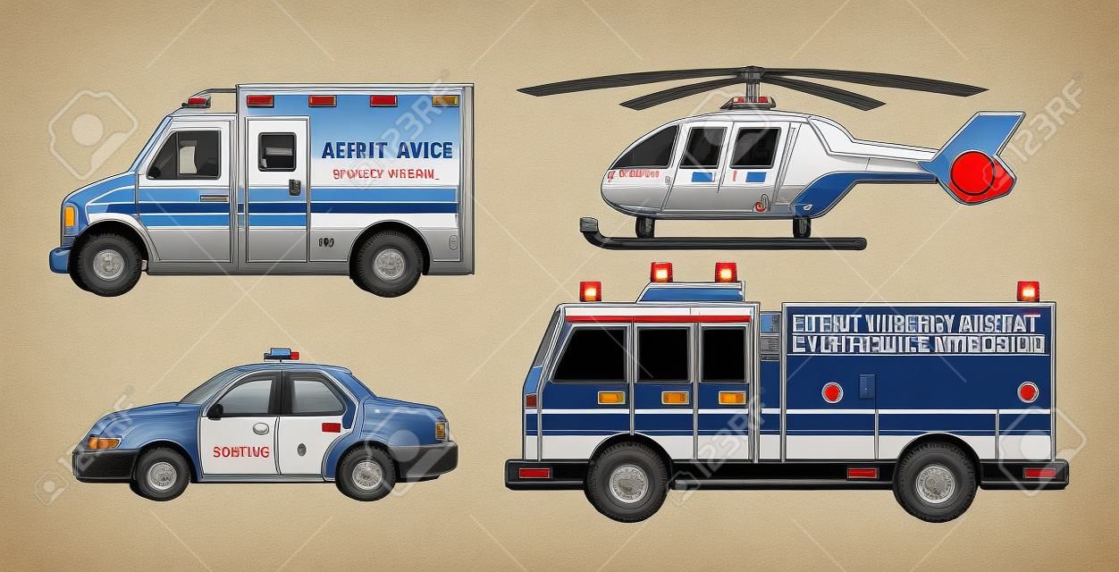 Cuatro ilustraciones que representan diversos vehículos de emergencia