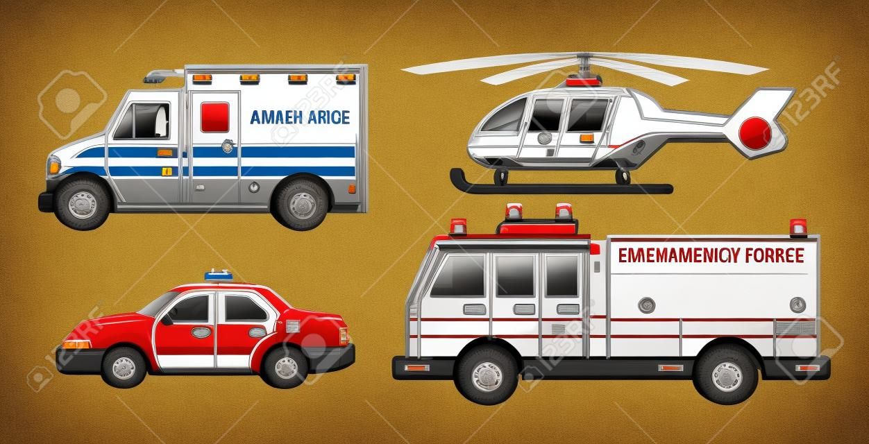 Cuatro ilustraciones que representan diversos vehículos de emergencia