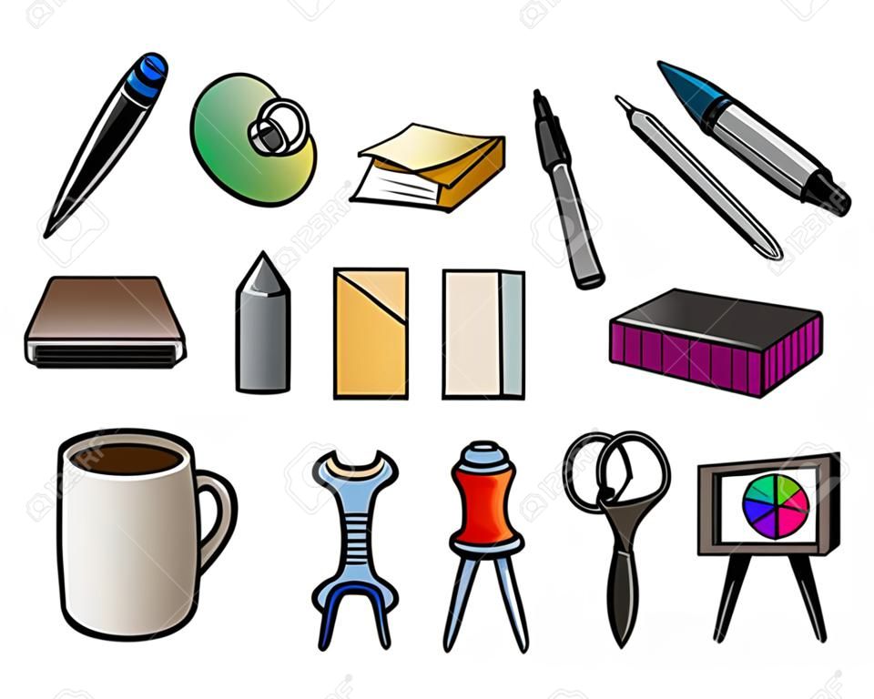 12 iconos coloridos dibujos animados de suministros de oficina