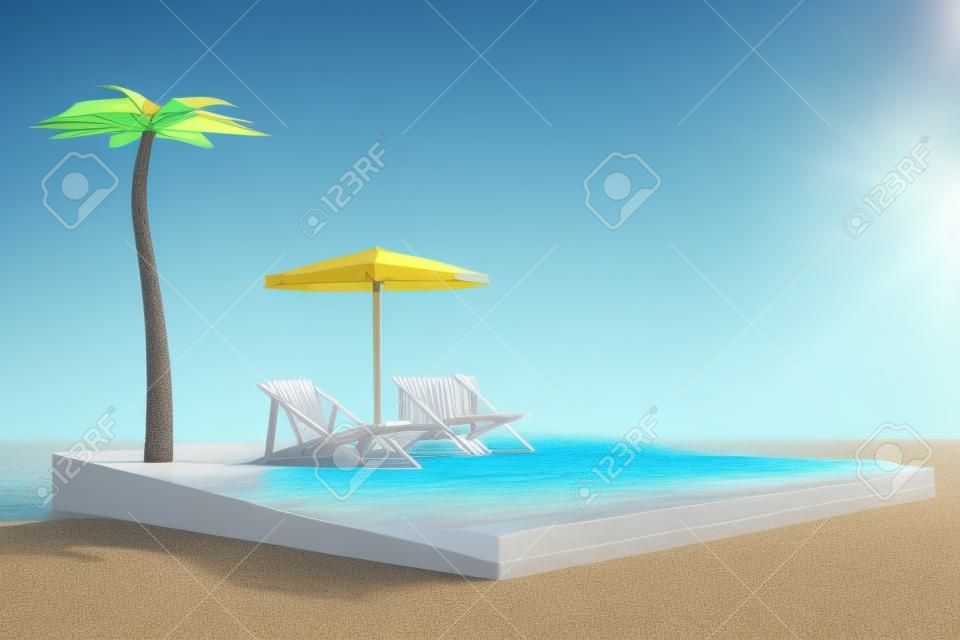 Rendering 3D di spiaggia con sdraio e ombrellone e taglio d'acqua