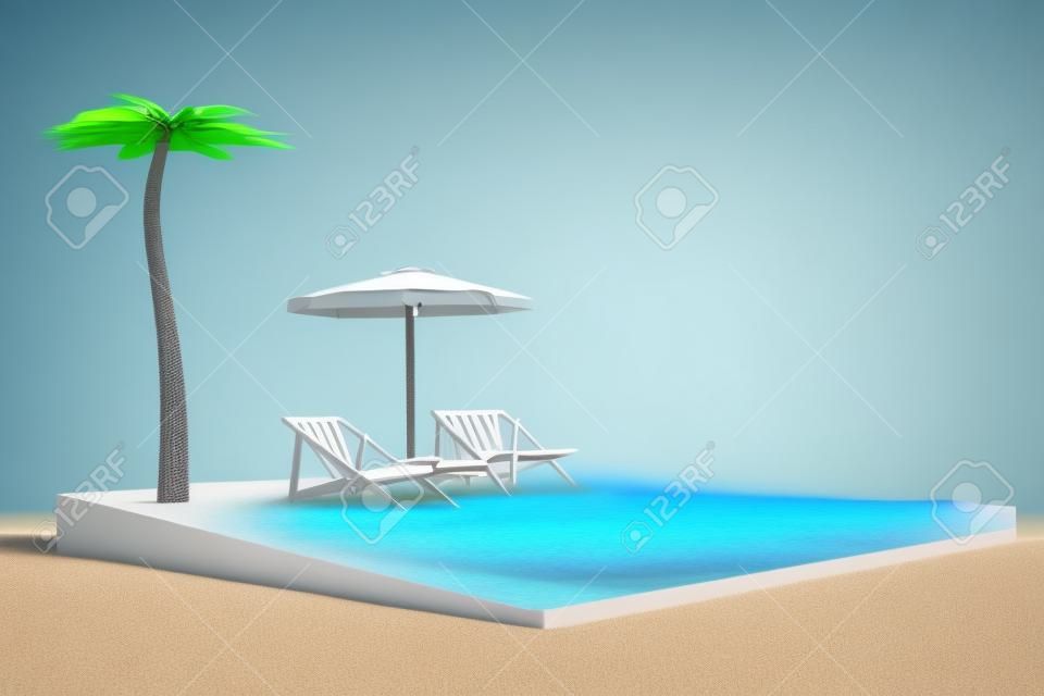 Rendering 3D di spiaggia con sdraio e ombrellone e taglio d'acqua