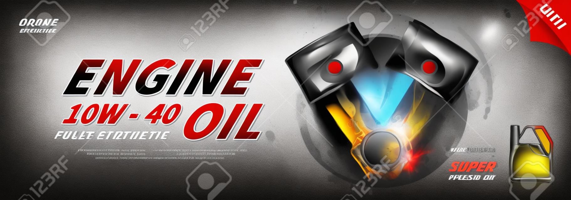 Werbebanner für Motoröl. Vektorillustration mit realistischen Kolben und Motoröl auf hellem Hintergrund. 3D-Anzeigenvorlage.