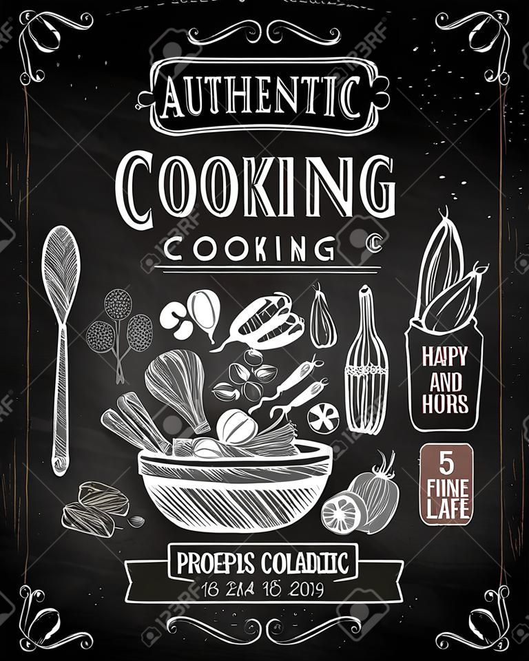 Auténtico cartel de cocinar - estilo de pizarra. Ilustración del vector.