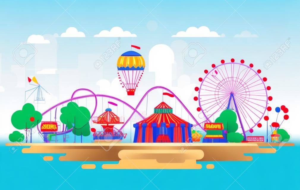 Amusement park, urban landscape. Vector illustration.