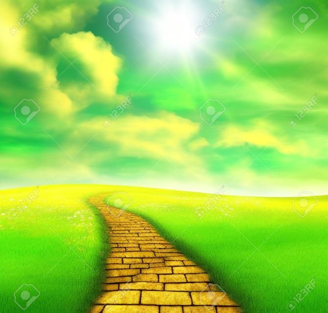 yellow brick road through green meadows, fantasy background