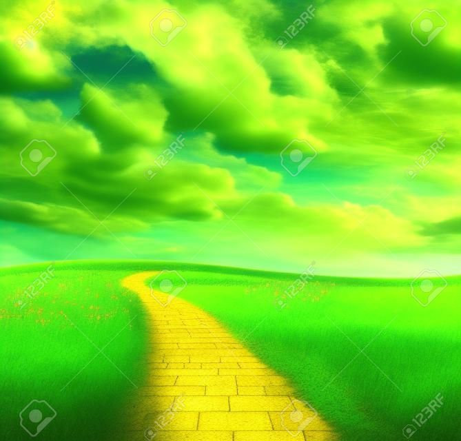 camino de ladrillos amarillos a través de prados verdes, fondo de fantasía