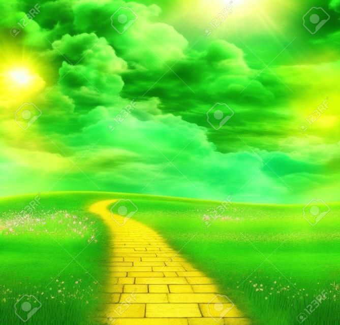 Дорога из желтого кирпича через зеленые луга, фэнтези фон