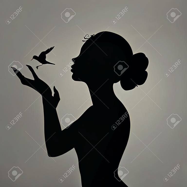 Schwarze Silhouette des Mädchens Vogelbeobachtung