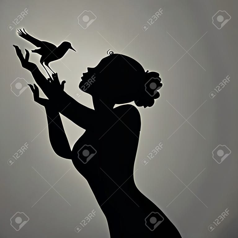 Schwarze Silhouette des Mädchens Vogelbeobachtung