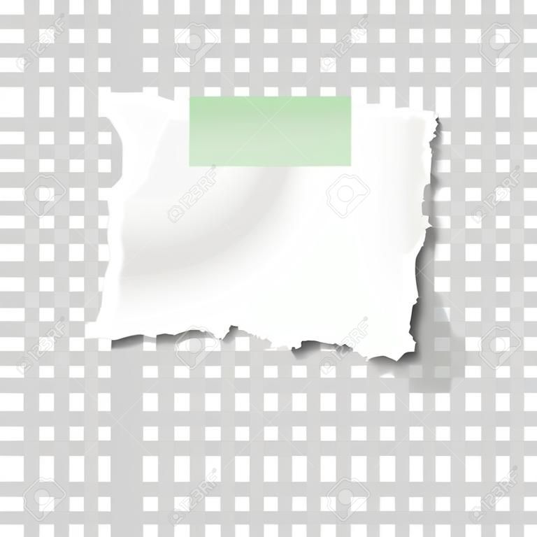 투명한 체크 무늬 배경에 격리된 녹색 점착 테이프 조각에 부드러운 그림자가 있는 찢어진 정사각형 종이 조각. 템플릿 디자인.