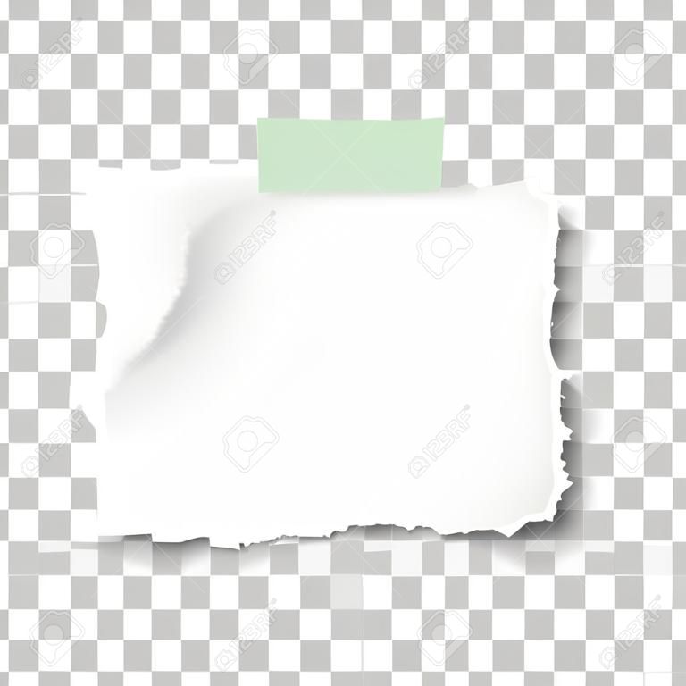 Scarto di carta quadrato strappato con ombra morbida sul pezzo di nastro adesivo adesivo verde isolato su sfondo a scacchi trasparente. Modello di progettazione.