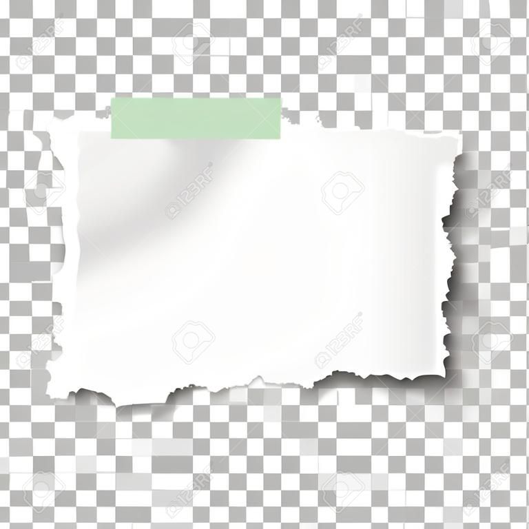 투명한 체크 무늬 배경에 격리된 녹색 점착 테이프 조각에 부드러운 그림자가 있는 찢어진 정사각형 종이 조각. 템플릿 디자인.