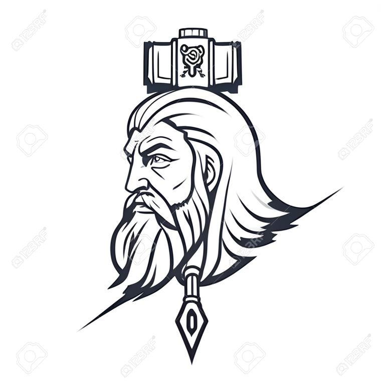 Scandinavian god of thunder and storm. Hand drawing of Thor's Head. The hammer of Thor - mjolnir. Son of Odin. Cartoon bearded man character. Norse mythology. Vector graphics to design.