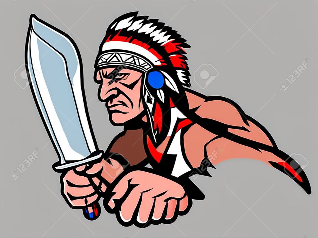 Grafica mascotte capo indiano americano, guerriero indiano con un'arma tradizionale, capo indiano adatto come mascotte della squadra, capo nativo americano con un coltello in mano