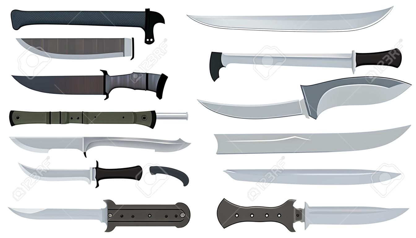 Types of Military Knives. Typical Hunter Knives. Blade Types. American Tanto. Steel Arms. Vector graphics to design.