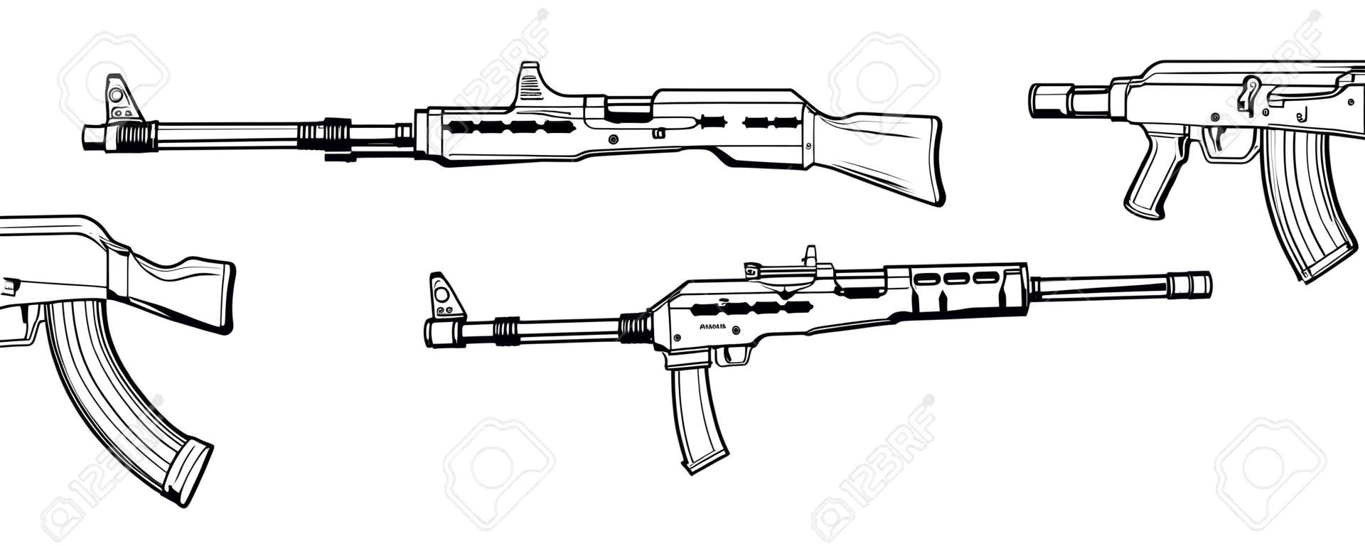 rifle. Firearms. Sketch Set of assault rifle AK-47, AKM, AKC, AKMC, AK-74. Firearms in combat. Assault Gun Wireframe. Machine guns. Assault rifles. Vector graphics to design