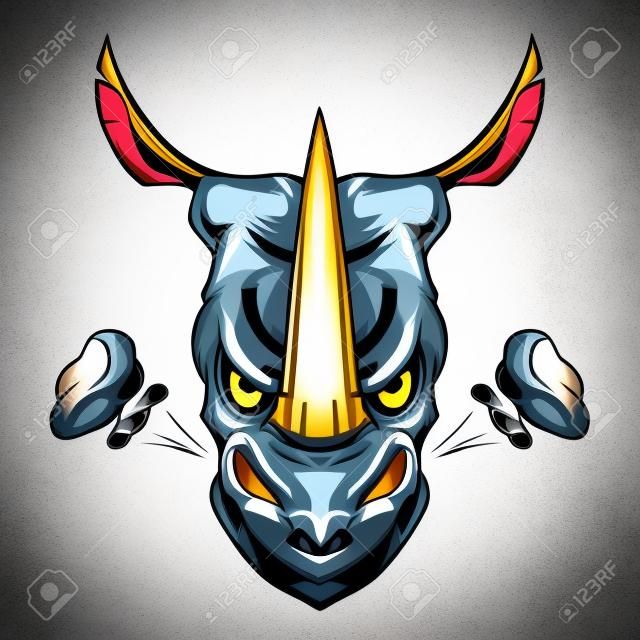 Angry rhinoceros. Rhino animal. Sports mascot. Angry cartoon animal. Rhino head. Dimensional modeling. Logo for printing. Animal head for tattoo. Vector graphics to design.