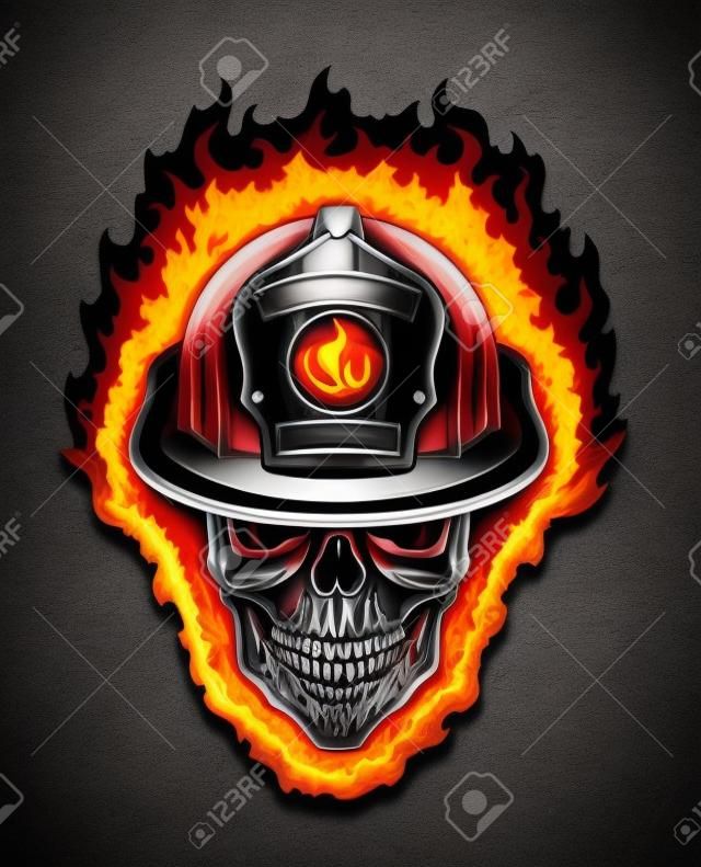 燃燒的骷髏消防隊員和頭盔是一個燃燒的程式化的人類頭骨戴頭盔的消防員的說明。