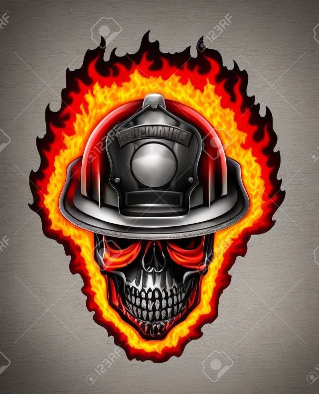 燃燒的骷髏消防隊員和頭盔是一個燃燒的程式化的人類頭骨戴頭盔的消防員的說明。