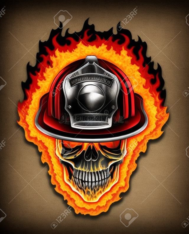 Flaming Firefighter Skull and Helmet is an illustration of a flaming stylized human skull wearing a firefighter helmet.