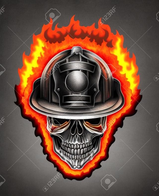 Flaming Skull de bombero y casco es una ilustración de un cráneo humano estilizado flaming llevaba un casco de bombero.