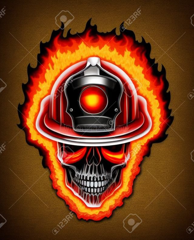 Flaming Skull de bombero y casco es una ilustración de un cráneo humano estilizado flaming llevaba un casco de bombero.