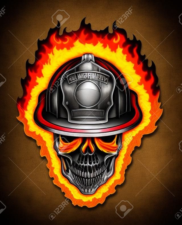 Flaming Firefighter Skull and Helmet is an illustration of a flaming stylized human skull wearing a firefighter helmet.