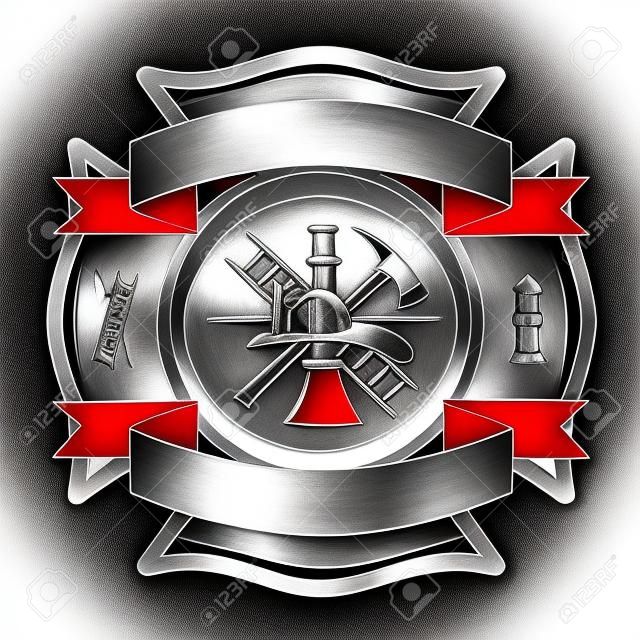 Firefighter Cross Silver is an illustration of a firefighter Maltese cross in silver with fireman tools including axe, hook, ladder, hydrant, nozzle and firefighters helmet.