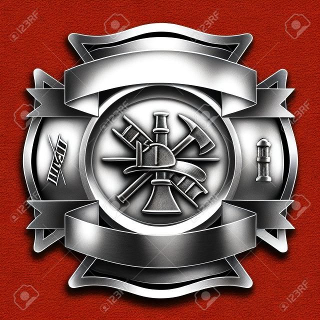Firefighter Cross Silver is an illustration of a firefighter Maltese cross in silver with fireman tools including axe, hook, ladder, hydrant, nozzle and firefighters helmet.
