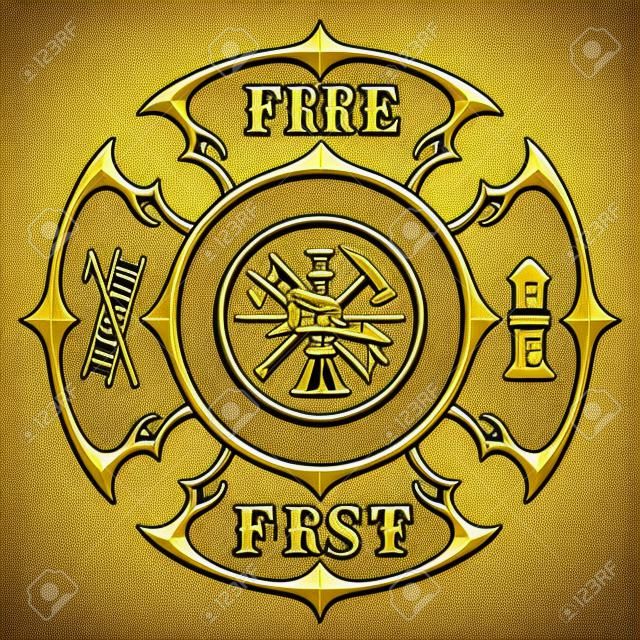 Straż Pożarna Krzyż Vintage Gold jest ilustracja z rocznika straży pożarnej maltańskiego krzyża w złotym kolorze z wnętrza strażak logo.